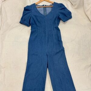 Kale Generation Denim Puff Sleeve Wide Leg Jumpsuit Medium Blue Wash Size M